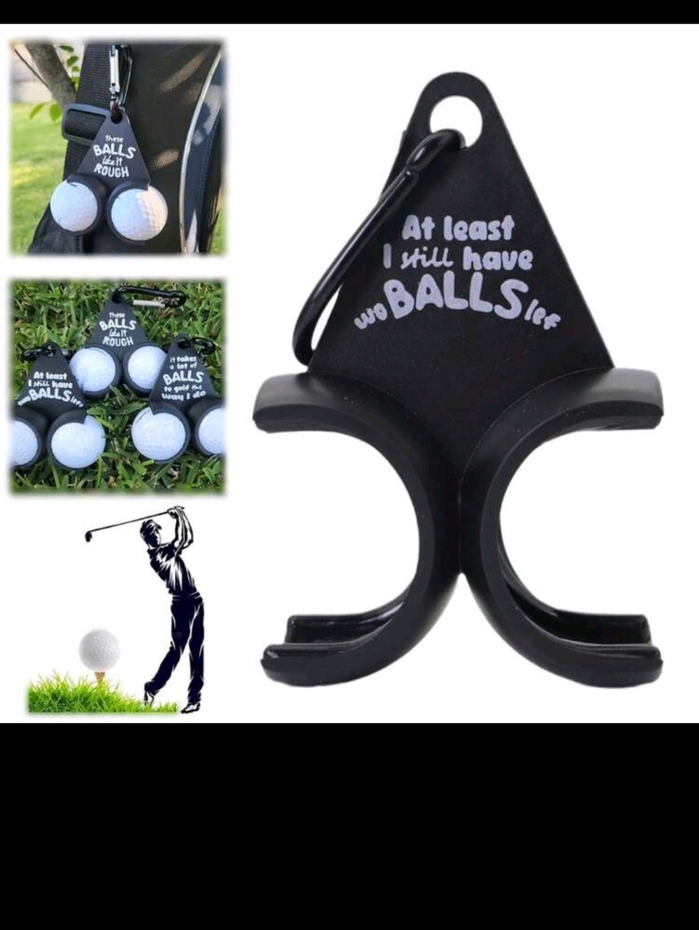 Golf Ball Holder Keychain - Black with White Text